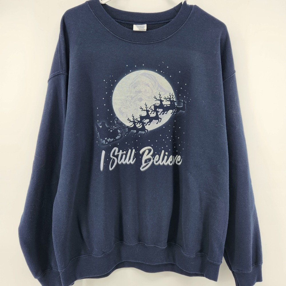 Gildan Heavy Blend Navy Blue I Still Believe Santa Reindeer Sweatshirt Large